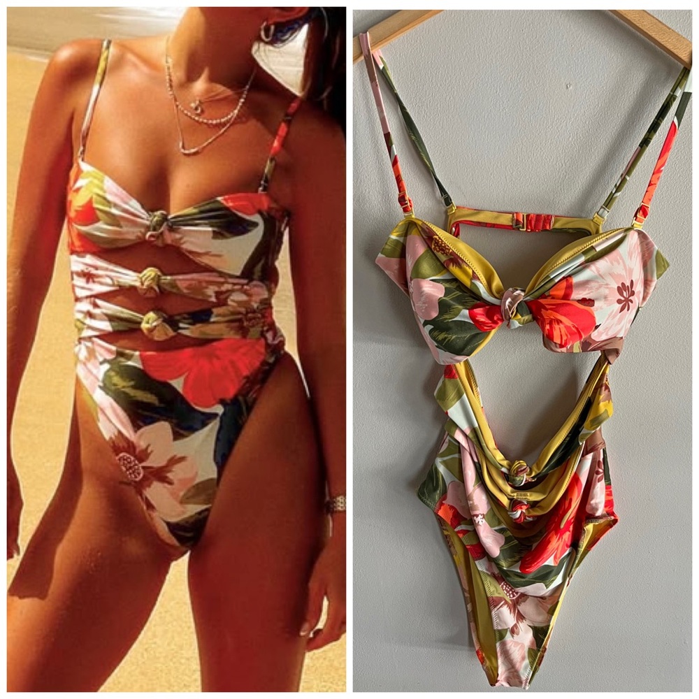 aerie Floral Cutout One-Piece Swimsuit in Olive, Red, Pink